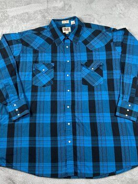 Ely Cattleman Shirt Men's 2XL Blue Plaid Pearl Snap Long Sleeve Big Man Western